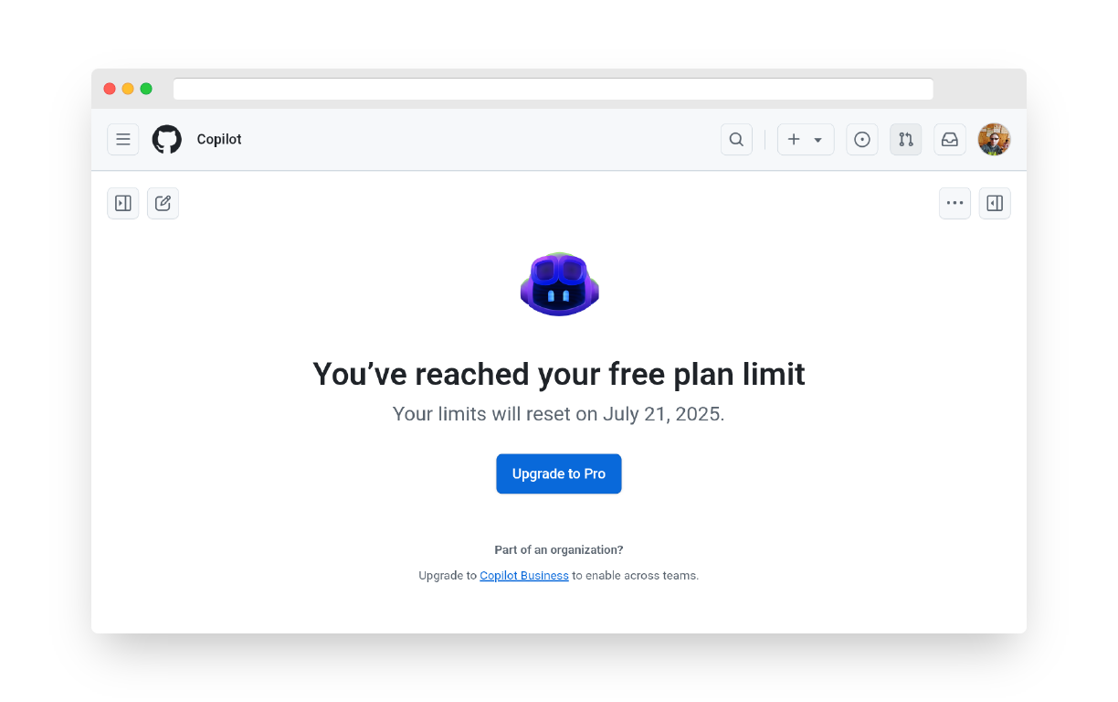 Скриншот досягнутого ліміту в GitHub Copilot